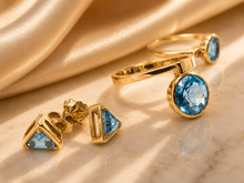 Lade das Bild in den Galerie-Viewer, Gold I Goldschmuck Set I zeitlos I *Aqua babyblau* I Ringe + Ohrstecker I 18 Karat 750K