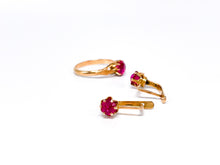 Lade das Bild in den Galerie-Viewer, Vintage Art Deco | Roségold Rotgold Gold | Ring + Ohrringe | UDSSR | Rubin - Smaragd rot | 14 Karat 585K 583K