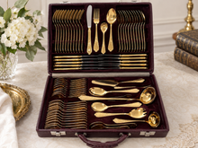Lade das Bild in den Galerie-Viewer, 23/24 Karat hartvergoldetes Besteckset Solingen 70-teilig | 12 Personen + Koffer