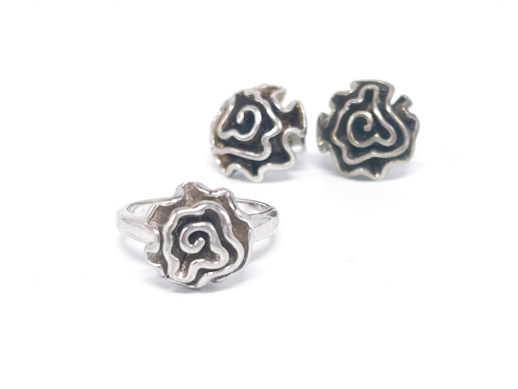 Vintage Schmuck | Silber Silberschmuck | Blumen Ring + Ohrstecker/ Ohrringe| Gr. 54 | 925er