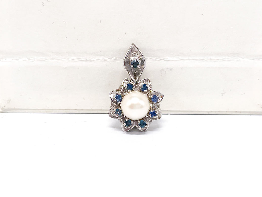 Vintage I Weißgold Anhänger I Zartrose Akoya Perle I 9x Saphir I Gold Schmuck I 14 Karat 585K