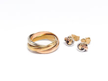 Lade das Bild in den Galerie-Viewer, trinity tricolor Set Gelbgold Weißgold Roségold Rotgold 3er Ring + Ohrringe 14K 585 Karat
