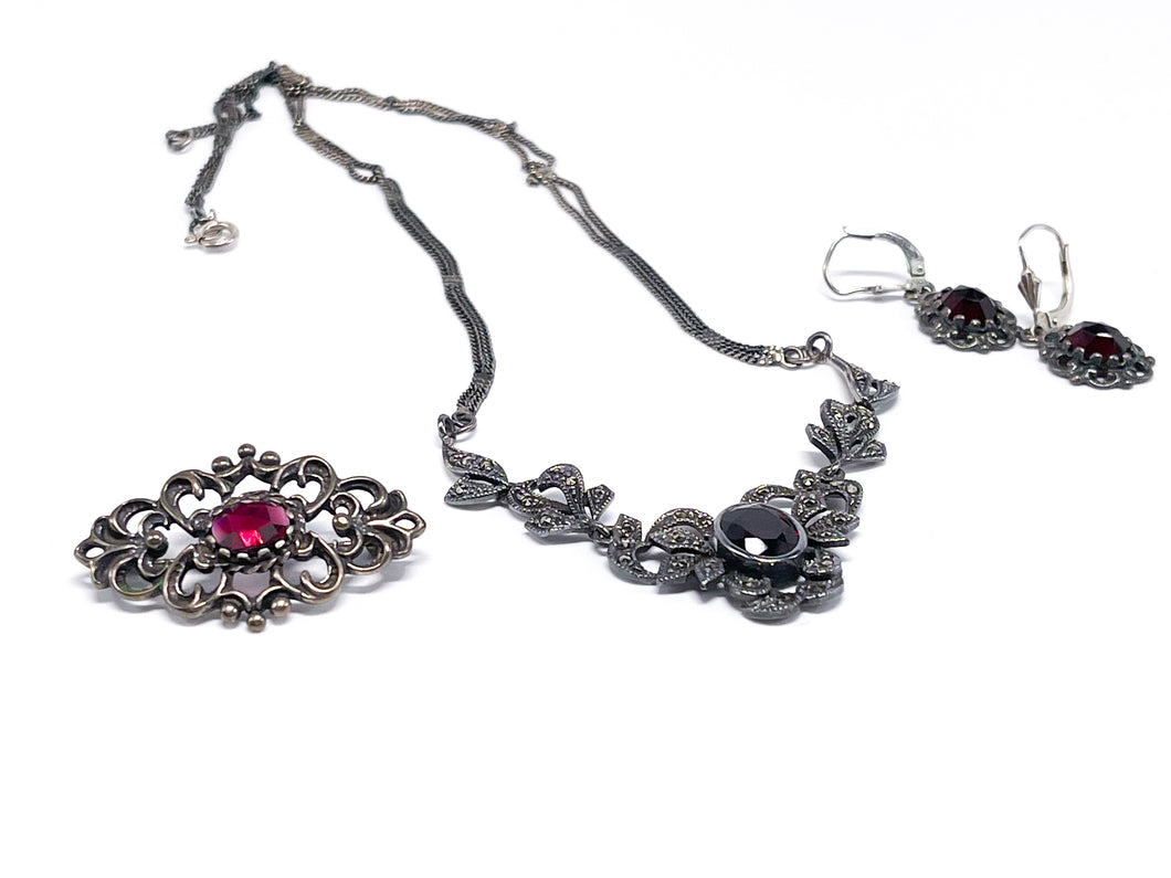 Vintage Antik Silber Schmuck I Schmuckset - Brosche Kette (Halskette Collier) Ohrringe I 835er